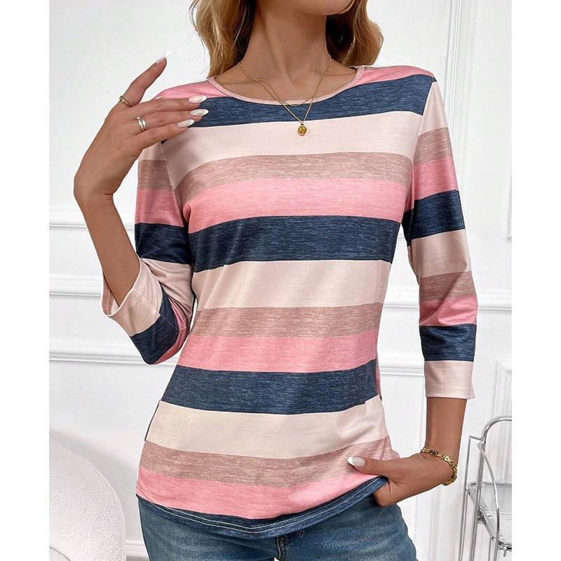 

Весенняя новинка, повседневная женская полосатая футболка с длинным рукавом, модная элегантная свободная футболка с круглым вырезом, женская осенняя простая офисная женская футболка 25901 XL розовый