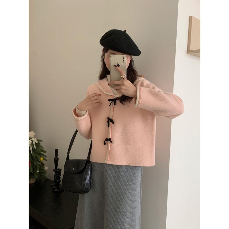 

Весенний новый академический стиль бант вязаный двусторонний шерстяной кардиган свободный лацкан мягкий восковой свитер куртка женская one size fits all розовый