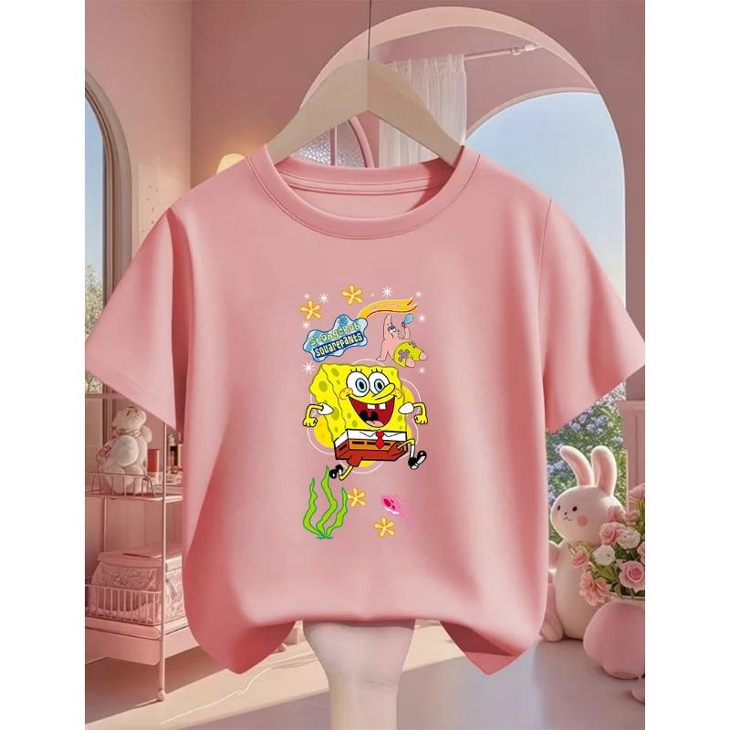 Street SpongeBob SquarePants Casual T Shirt 3-14Y Boys Girls Summer Cute Kawaii Fashion Hot Cartoon Crew Neck Kids