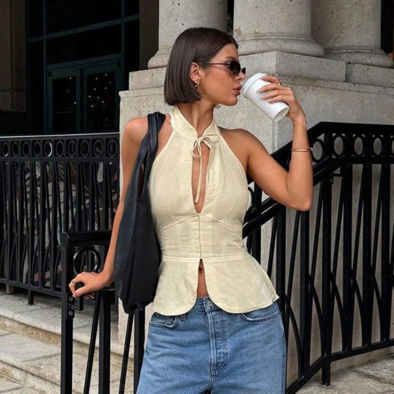 Summer New Vintage Style Halter Neck Off-Shoulder Slim-Fit Tank Top For Women Stylish Casual Girls Sleeveless Shirt