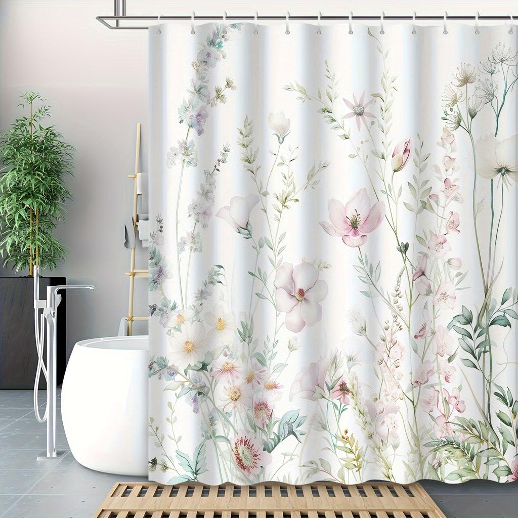 1 Modern Watercolor Floral Shower Curtain-High Quality Polyester Bathroom Decor with Hooks, Machine Washable for Modern Bathroom