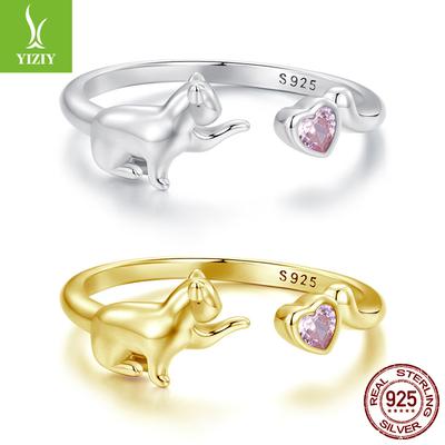 Anillo Abierto de Gato Rosa Amor, Anillo de Animal Dulce y Lindo de Plata de Ley S925.