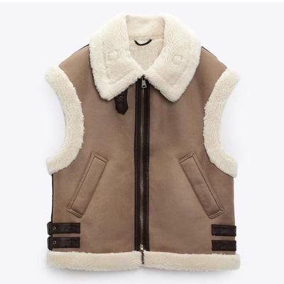 Women New Fashion Thick Warm Lambswool Imitation Leather Vest Coat Vintage Sleeveless Pockets Female Waistcoat Chic Tops