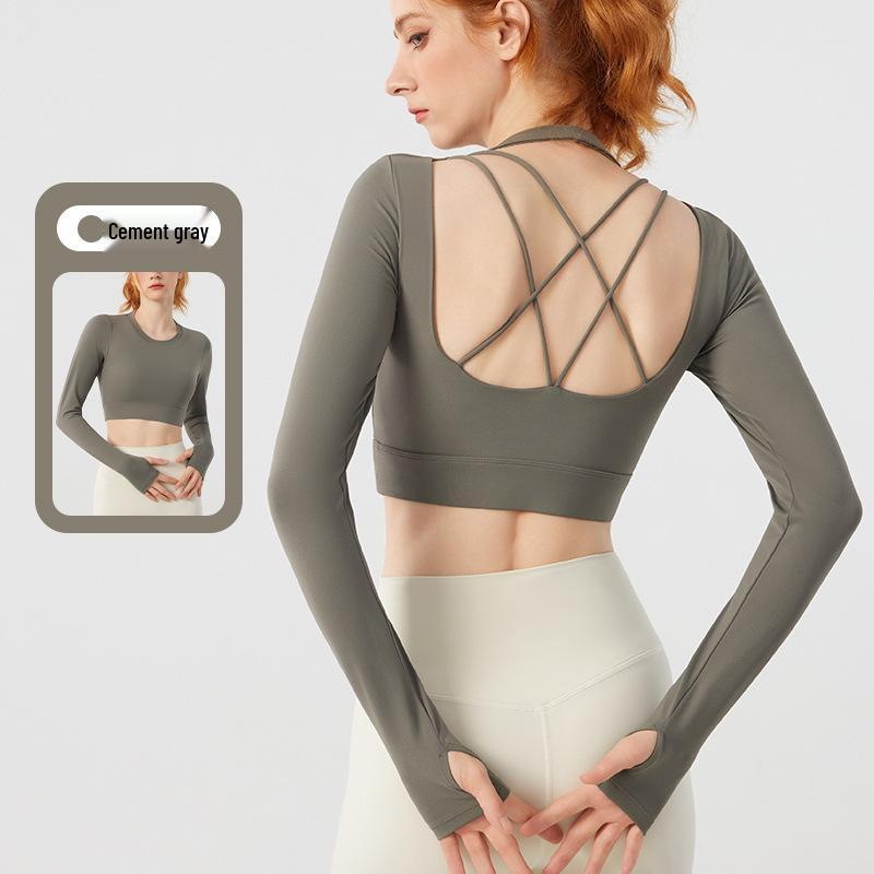 Damen Herbst Yoga Langarm Sportbekleidung mit Brustpolstern und gekreuztem Rücken