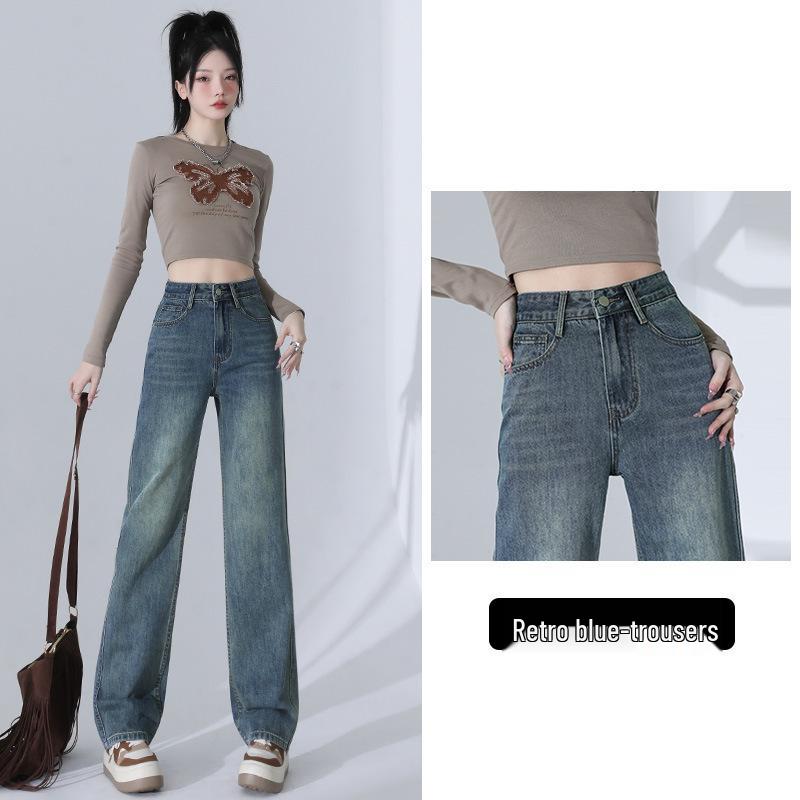 

High-Waisted Light Blue Velvet Wide-Leg Jeans for Women - Autumn/Winter Slimming Retro Straight-Leg Fit S for 86-97 lbs
