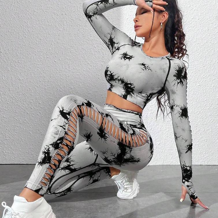 European American Tie-Dye Butt-Lift Yoga Set: Long Sleeve, Seamless Fitness Clothing with Hollow Out Design