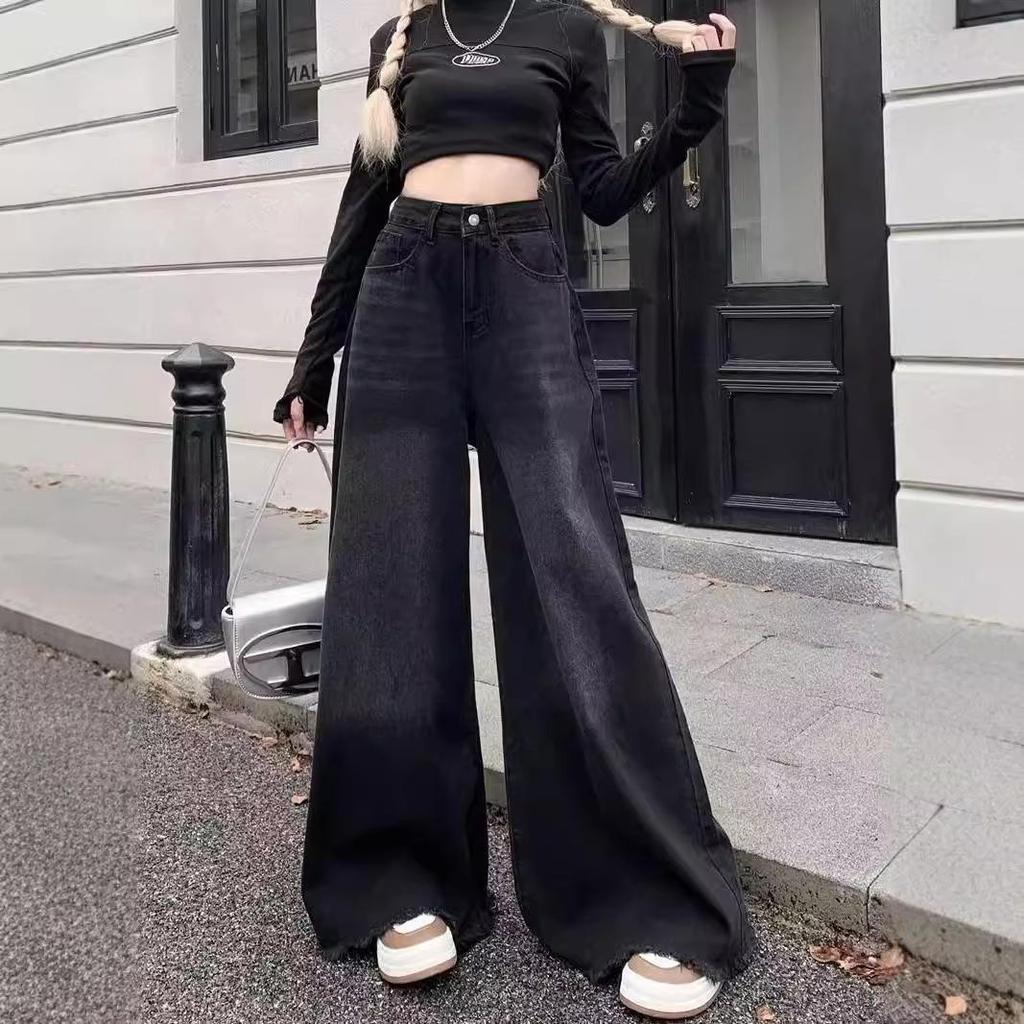 Women's Black & Gray High-Waist Denim Skirt Pants - Loose Fit, Slim Draped Wide Leg for Spring & Autumn 2024