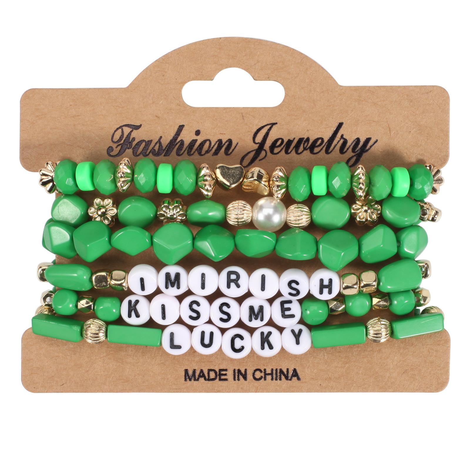 Irish St. Patrick s Day Bracelet Green Clover Hat Cross Border Multi Layer Elastic