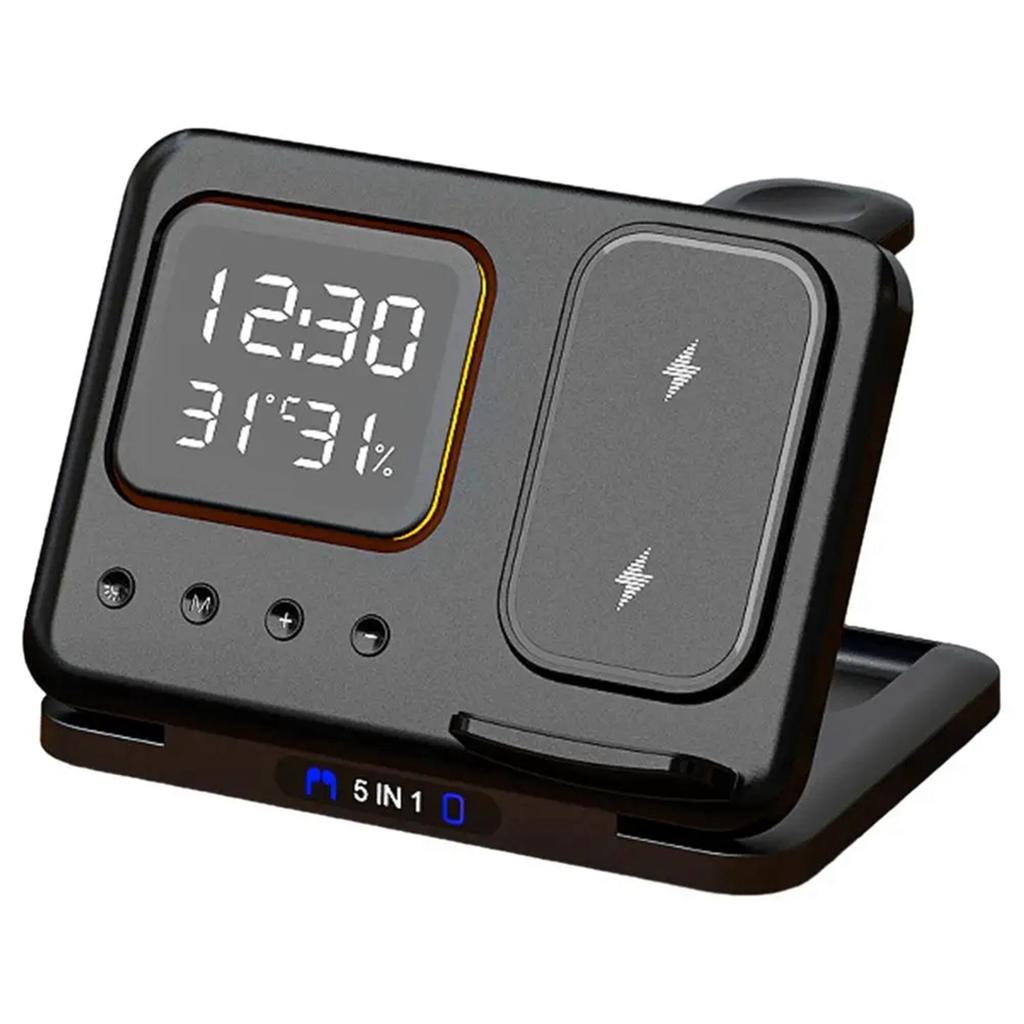 5 In1 Wireless Chargers Stand LED Digital Alarm Clock Thermometer Fast Charging Dock Station for iPhone 15 14 IWatch