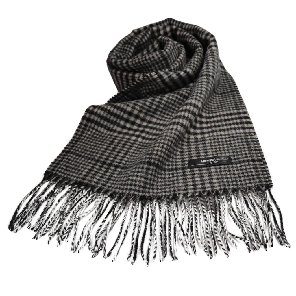 MICHIKO LONDON INNER MONGOLIA Wool 168cm X Glen Black and White Scarf, Gift, Present, Size Approx. 31cm, Approx. 8cm, MKM-003, Plaid,