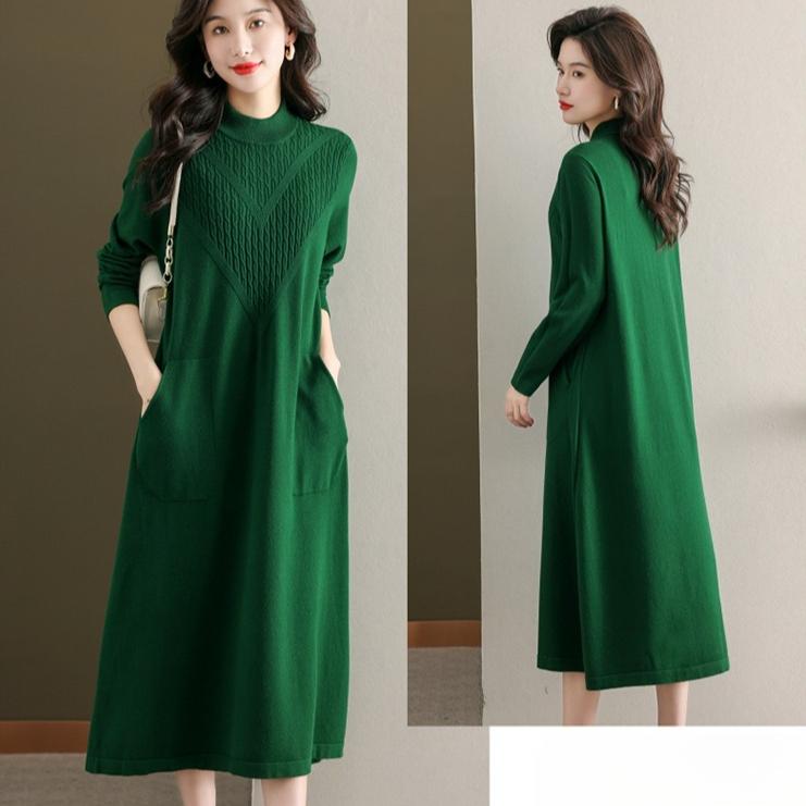 Jednobarevné pletené šaty pro ženy na podzim a zimu Svetrové šaty ke kolenům Volný svetr střední délky