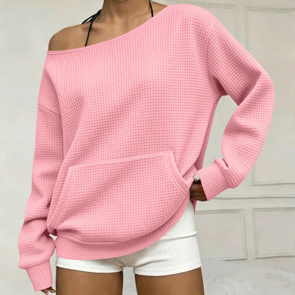 Felpa da Donna a Spalle Scoperte in Maglia a Manica Lunga con Tasche - Vestibilità Larga Colore Casual