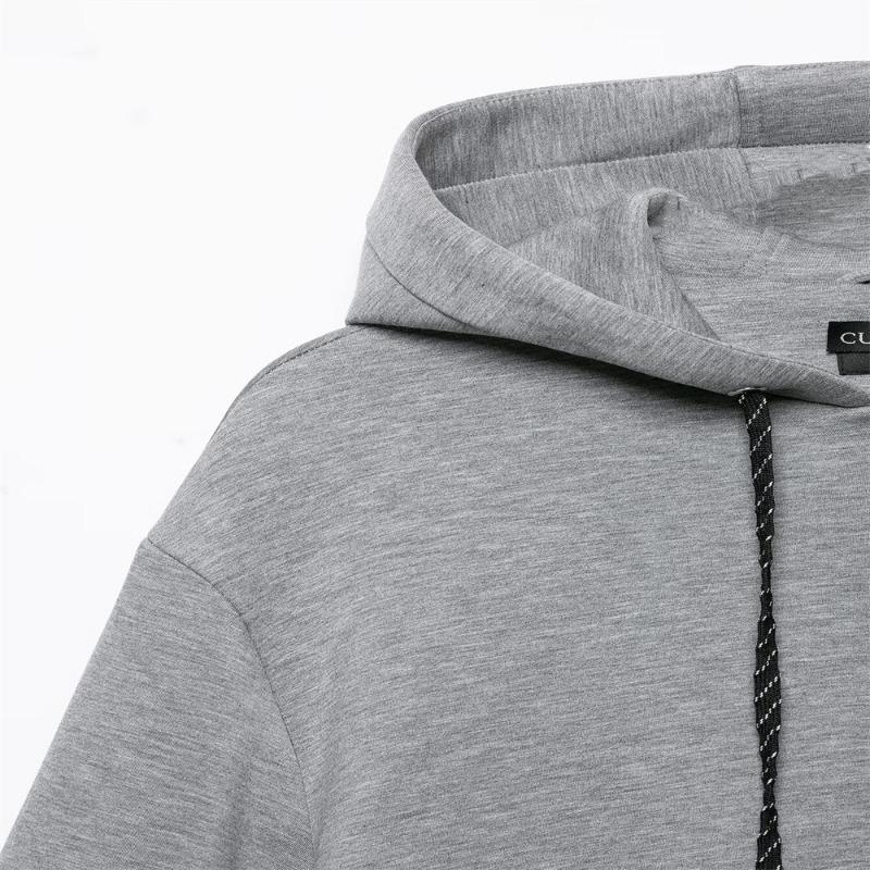 Women Hooded Zip Up Light Gray Sweatshirt Jacket Lantern Sleeve Short Length