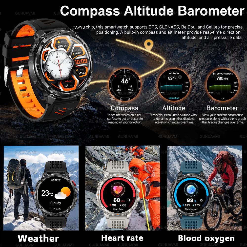 Military Men T-Rex3 Ultra GPS Track Smart Watch 1100mAh Battery Bluetooth Call Waterproof Flashlight Compass Outdoor Smart watch