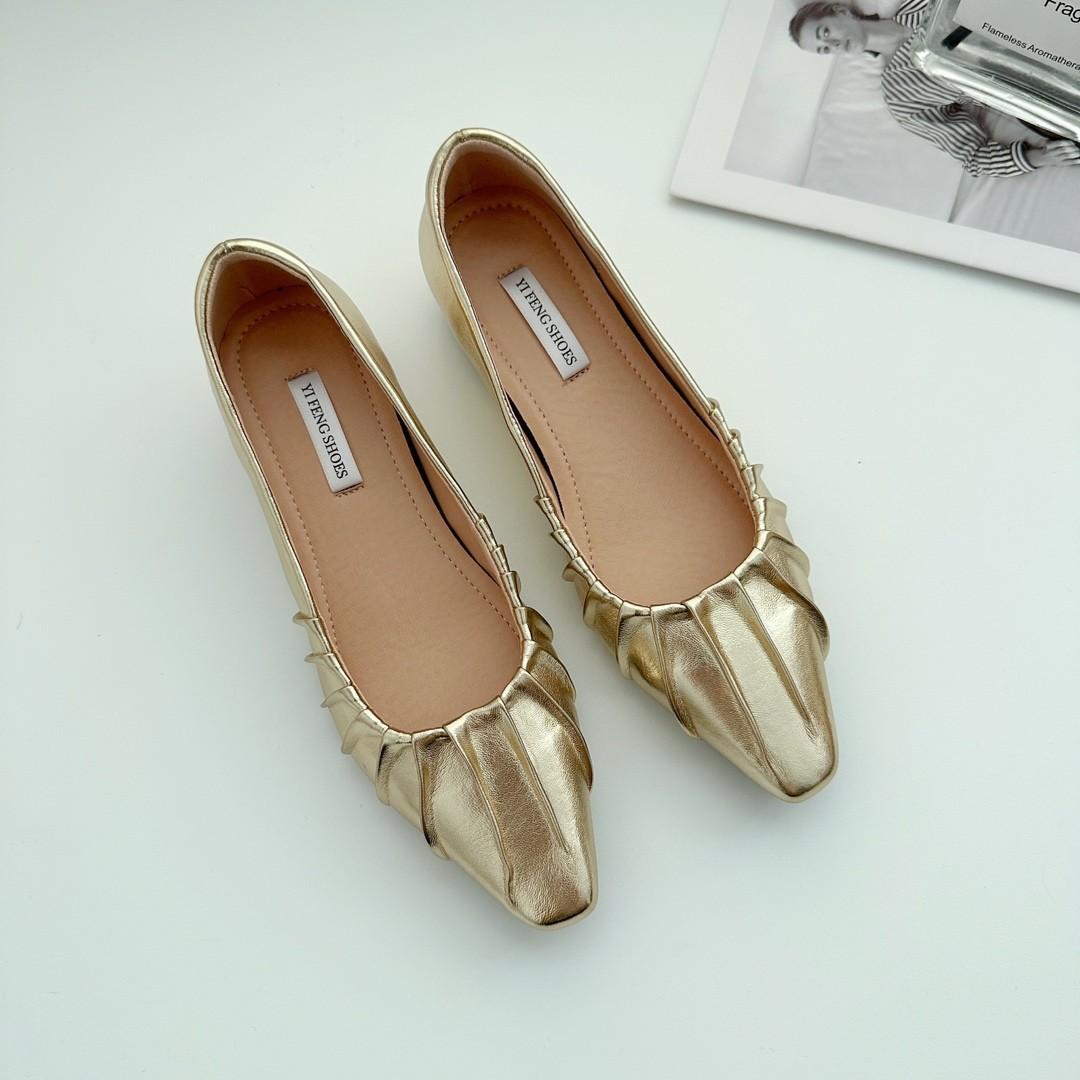 

French square head height increase of 4 cm pleated ballet shoes shallow mouth one pedal temperament fashion single shoes women s soft-soled shoes 39 золотой