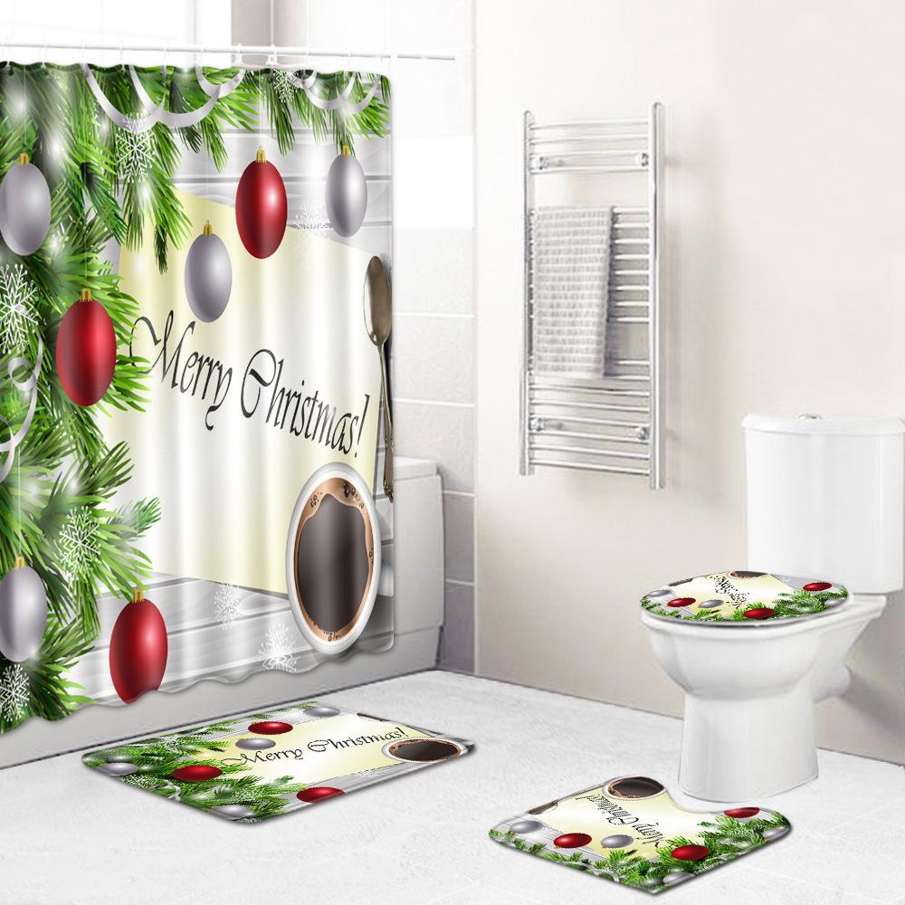 Christmas Shower Curtain Floor Mat Combination Four-Piece Set Bathroom Toilet Carpet Shower Room Mat Foot Mat