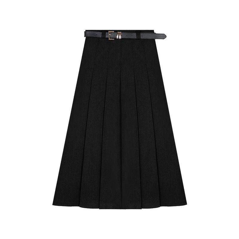 Women's Pleated A-Line Long Skirt, High Waist, Slim, Academy Style, Gray or Black, Autumn
