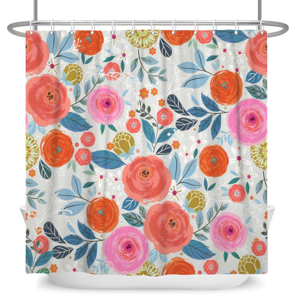 Modern Fresh Bathroom Shower Curtain Green Plants Colourful Flowers Bathroom Waterproof Curtain With Hooks Polyester Curtains
