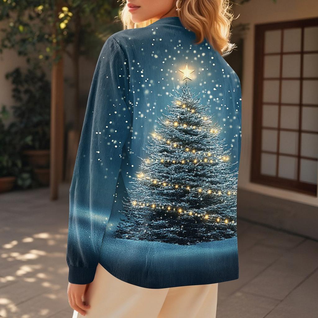 Women's Fashionable Button Collar Long-sleeved Christmas Print Pullover Top
