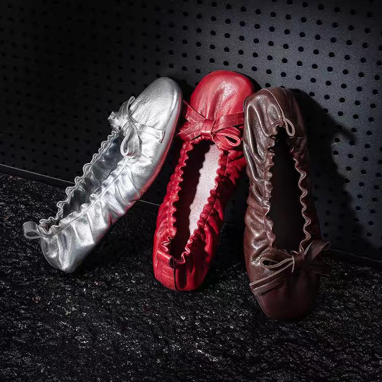 IPPEUM Women Ballet Flats Shoes Round Toe 2025 New Red Silver Mary Janes Ballerina Shoes