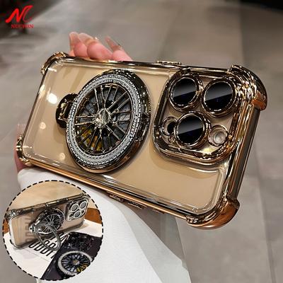 Luxe Plating Airbag Roterende Gyro Beugel Hoes voor iPhone 16 15 14 13 12 11 Pro Max X Xs Xr 16 Plus Magsafe Zachte Transparante Hoes