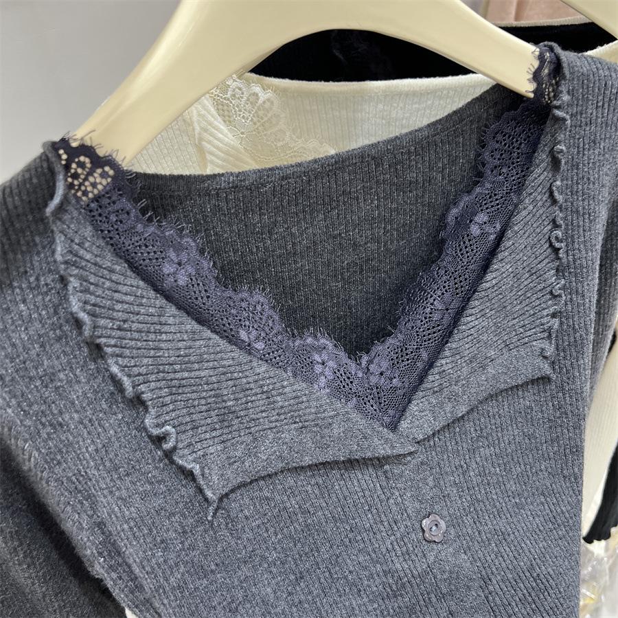 Autumn 2026 Women's Lace Patchwork Ruffle Collar Long Sleeve Knit Sweater