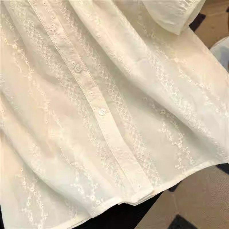 Damska francuska retro żakardowa bawełniana bluzka babydoll z haftem w kolorze morelowym