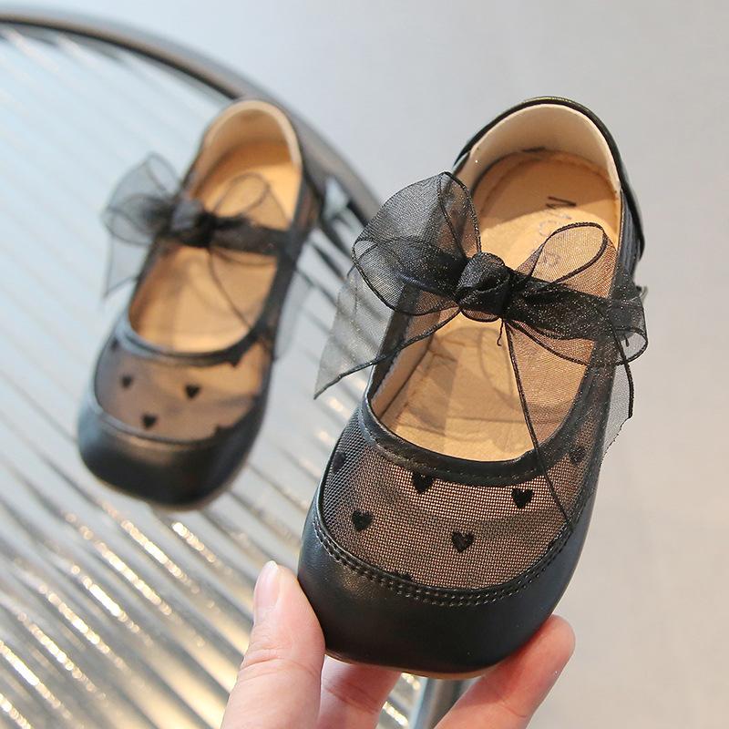 Kids Mesh Heart Print Bow Decor Mary Jane Flat Shoes 21 чёрный