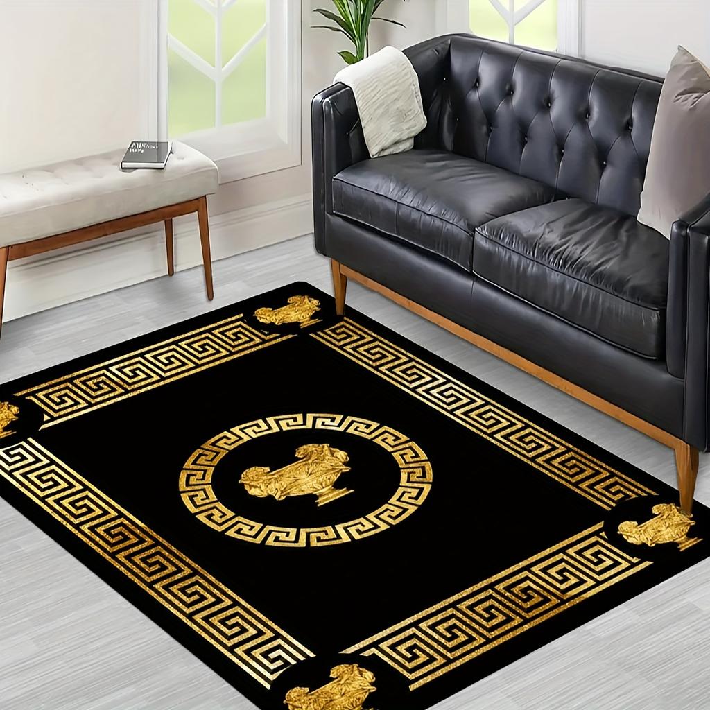 Ethnic Style Flannel Carpet Black Golden Accents Backing Lightweight Washable Rug Rectangle for Entryway Bedroom Living Room Mat