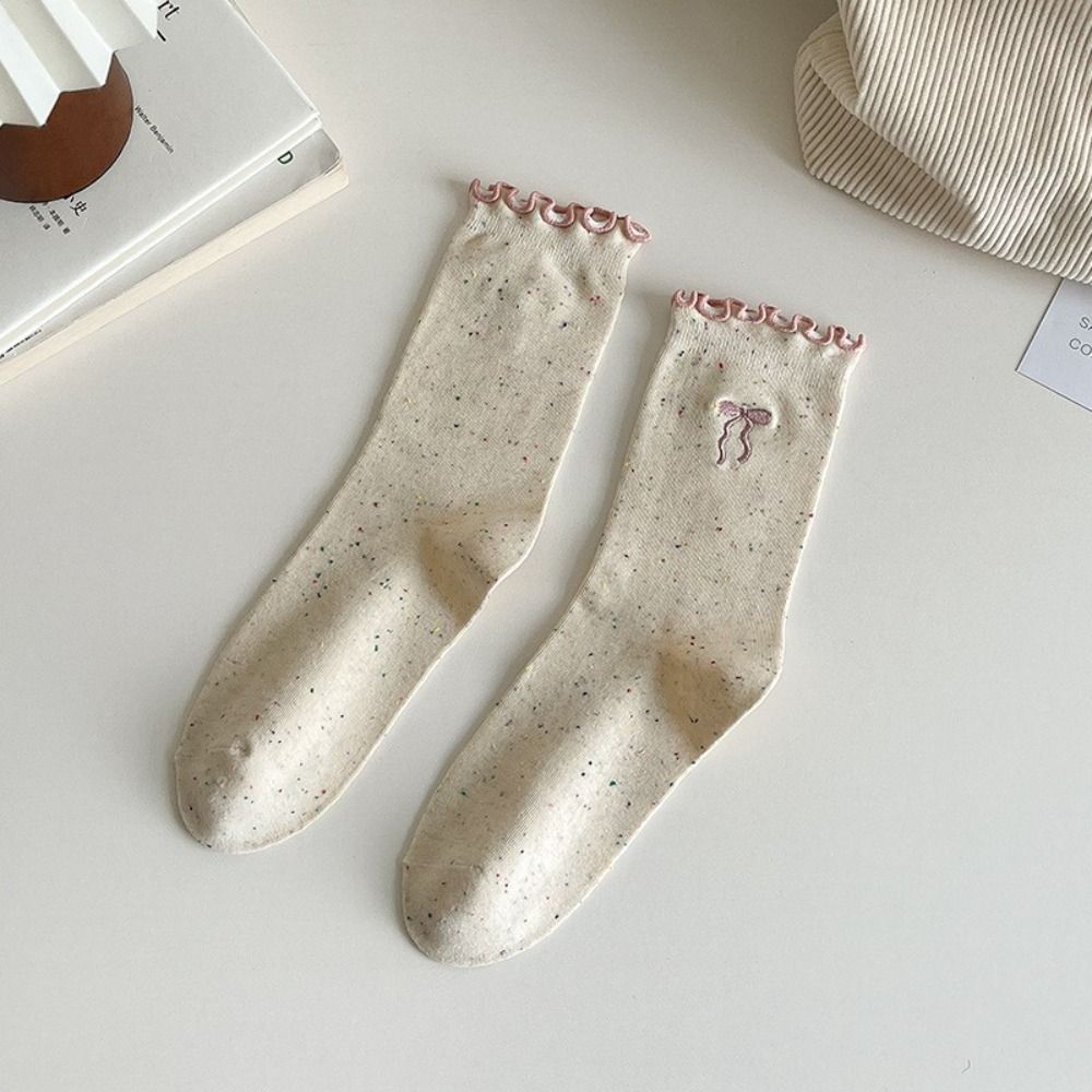 5Pairs Embroidery Ruffled Socks Women Cat Mid-calf Cotton Socks Sweet Bowknot Sock  Students