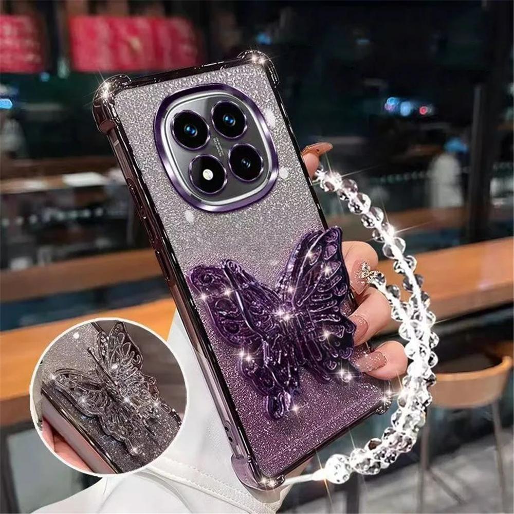 Butterfly Folding Stand Bracelet Phone Case For Xiaomi Redmi Note 12 Pro 11S 10S 9S 12 11 10 9 Pro Glitter Shockproof Soft Cover
