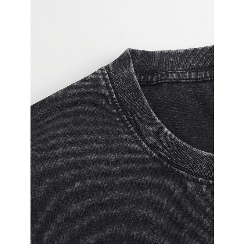 European sizes Men'S Vintage Washed  T-Shirt- Black Circle Print Street Style, Loose Fit Crew Neck,  Daily Comfort, Breathable Fabric