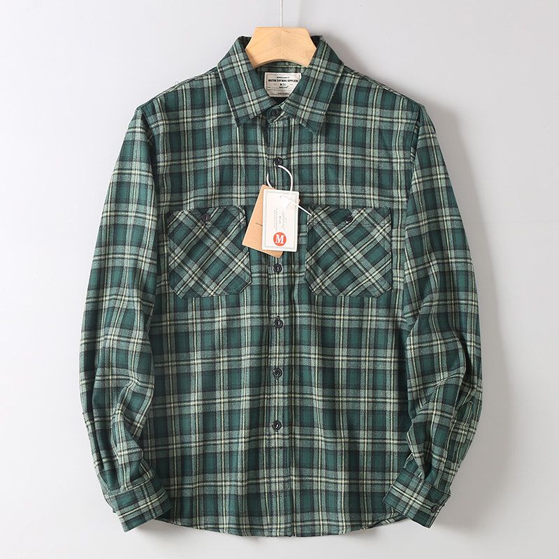 Export Tail Sheet Cutting Label Spring & Fall Heavy Weight Brushed Plaid Shirt Men Amekaji Casual Long Sleeve Shirt Coat Green grid M