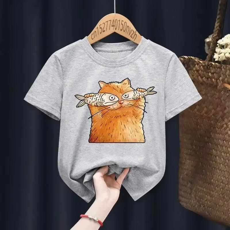 Cute Cartoon Cat Print Fashion Kid Tshirts Children Baby Harajuku Kawaii Clothes Boy Girl Tops Gift Present Fashion Kid T-shirts