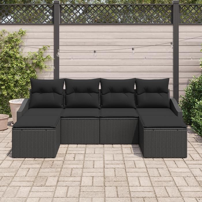 VidaXL Ensemble de canapé de jardin 6 pièces avec coussins en poly rattan noir 3346833