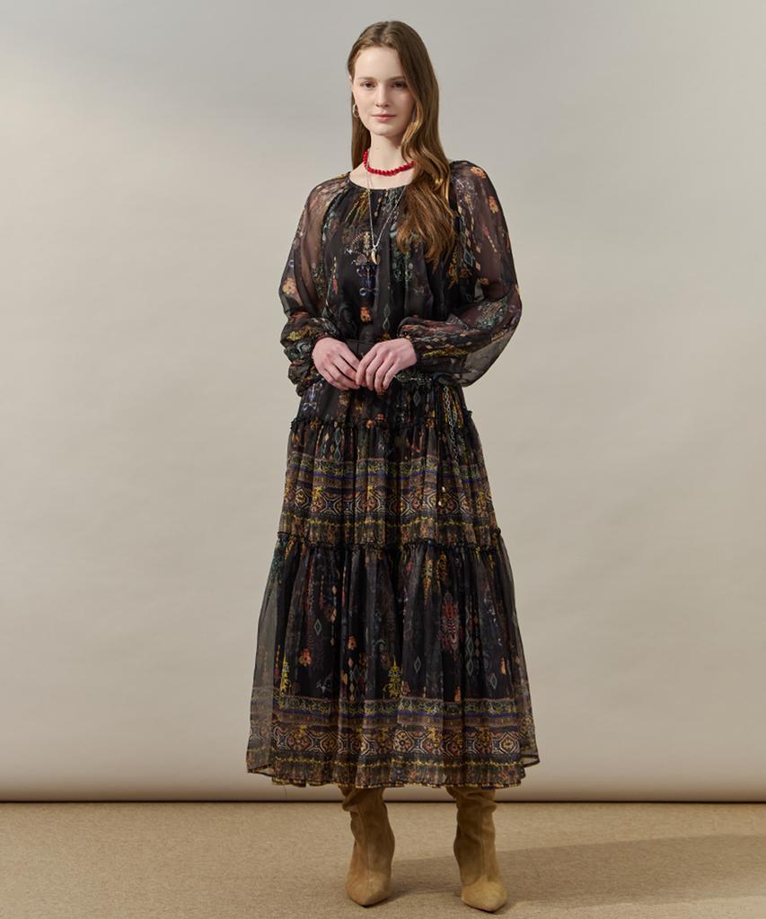 MAXZA Vintage Ethnic Tiered Chiffon Long Dress