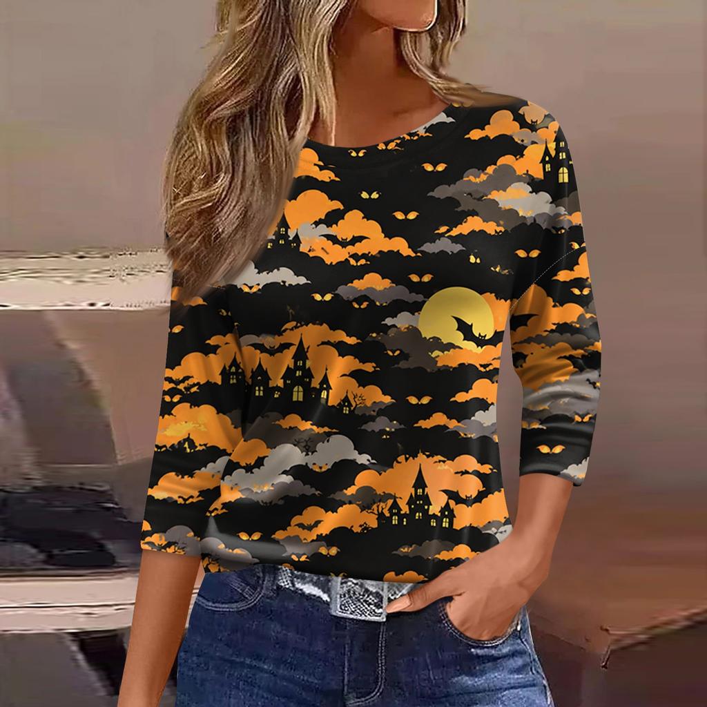 Women's Casual 3/4 Sleeve Halloween Print Round Neck Blouse for Party and Daily Wear