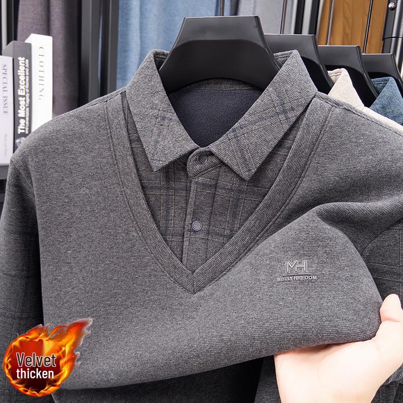 Men's Wool & Silk Two-Piece Look Sweater, Turn-Down Collar, Plus Velvet Lining, Warm Knitted Winter Wear for Dad