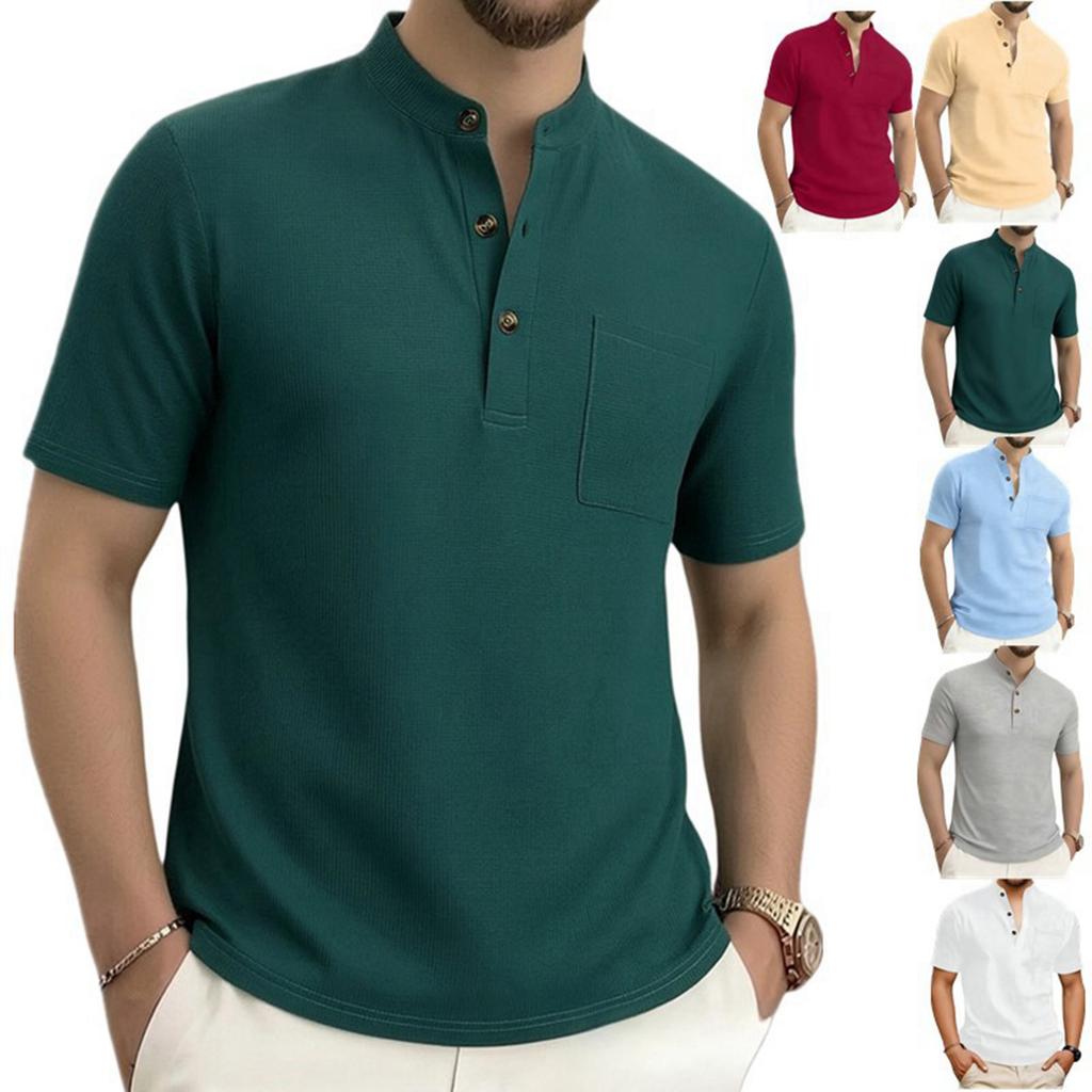 Men’s Short Sleeve Henley Shirt with Pocket Ribbed Knit Stand Collar Button Front Modern Fit Soft Lightweight Top