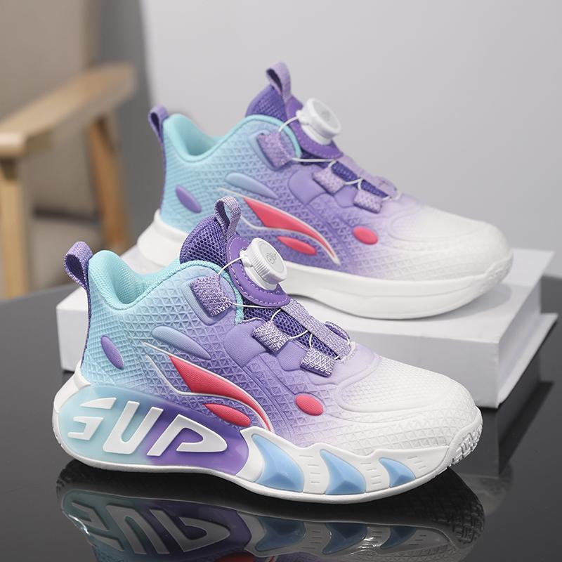 Boys basketball shoes spring 2025 new children's mesh breathable sports shoes medium and older children's button boys running shoes