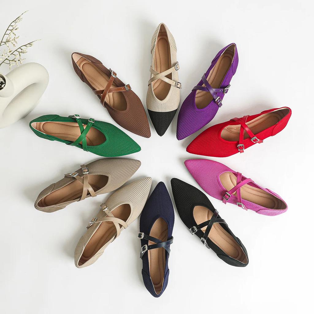 Women Mary Jane Shoes Pointed Toe 2025 Spring Shallow Cross Strap Women Dress Shoes Breathable Knitted Mid-heel Shoes Ladies
