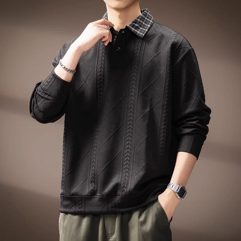 Men's Faux Two-Piece Wheat Texture Long Sleeve Polo Sweatshirt