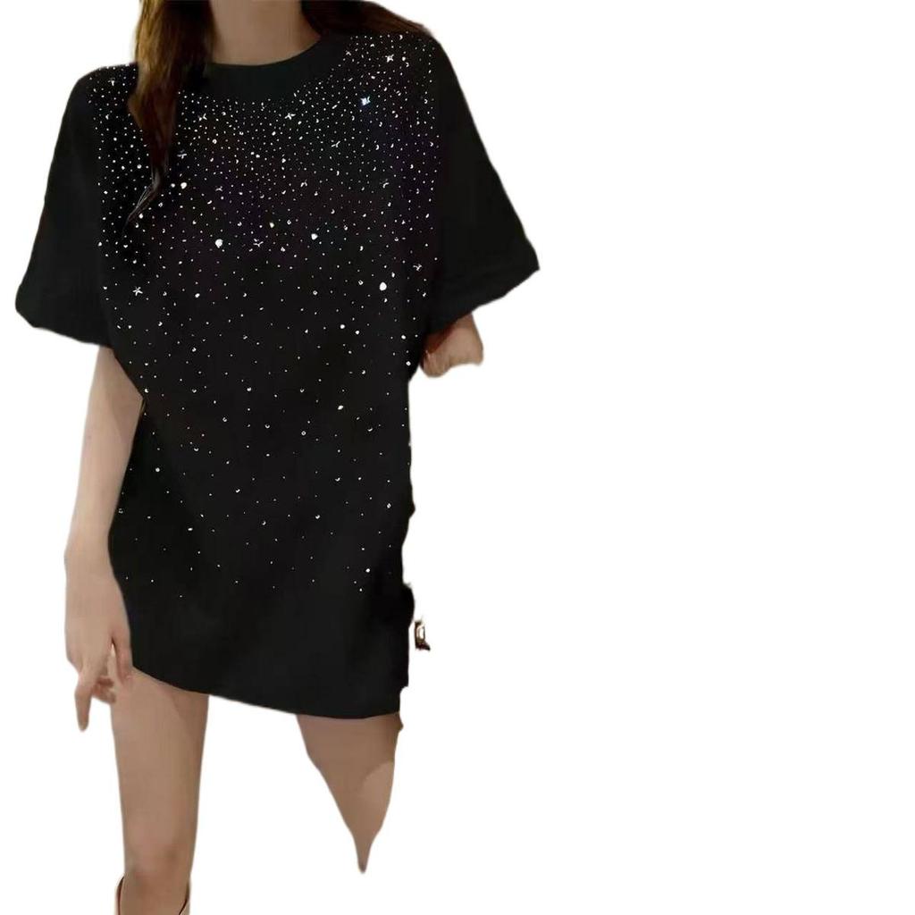 Cotton Short-sleeved Summer Heavy Industry Hot Diamond Medium and Long Loose and Thin Versatile Casual Top