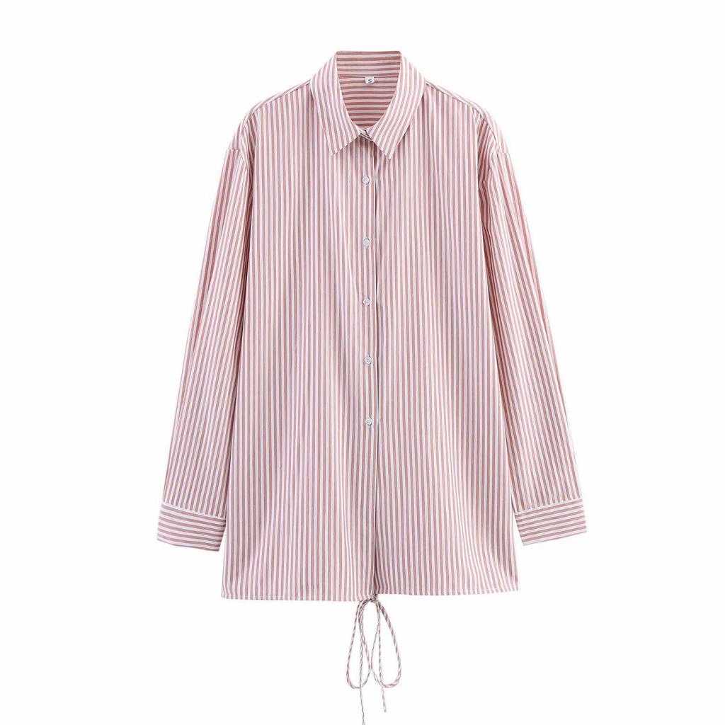 2025 Spring Women's European & American Style Long Sleeve Striped Shirt with Turn-Down Collar