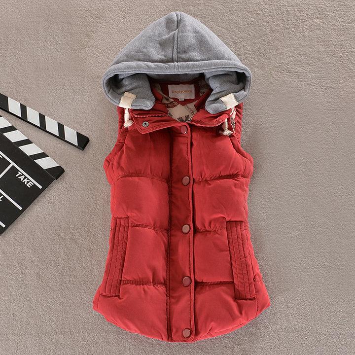 Dames Herfst en Winter Kort Warm Vest met Capuchon Plus Size Opstaande Kraag Slim Zakjas