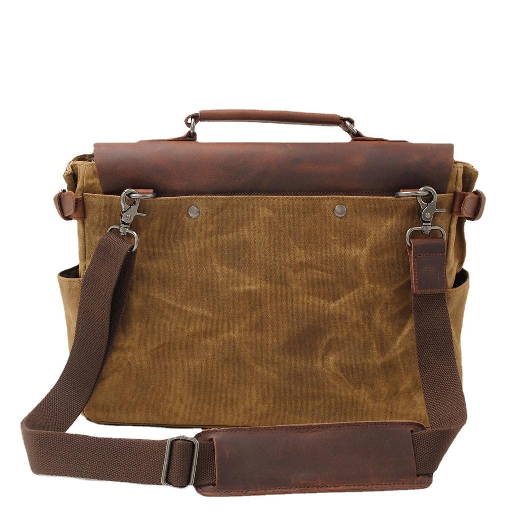 Vintage Oil Waxed Canvas with Crazy Horse Leather Briefcase European-American Men'S Bag Vintage Single Shoulder Crossbody Tote