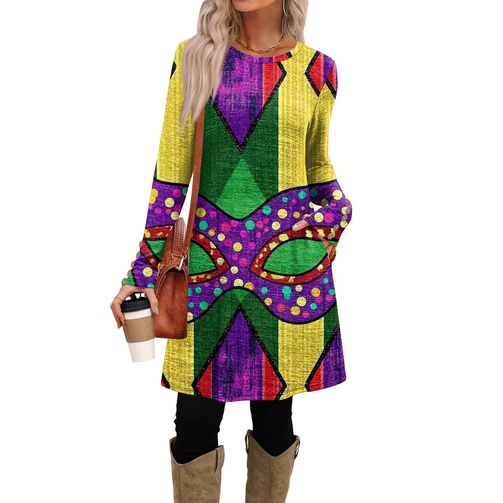 

Women s Fashion Casual Dress With Pockets, Decorative Buttons, Carnival Prints, Round Neck And Long Sleeves XL фиолетовый