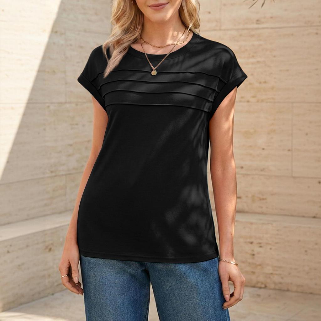 Women's Casual Top Monochrome Pleated Top Round Neck Short Sleeved Shirt