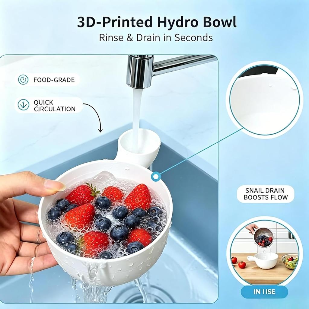 3D-Printed Hydro Bowl: Automatic Fruit Washer Spinner with Built-In Strainer Plastic Salad Spinner Bowl for Vegetable Cleaning Produce Drainer