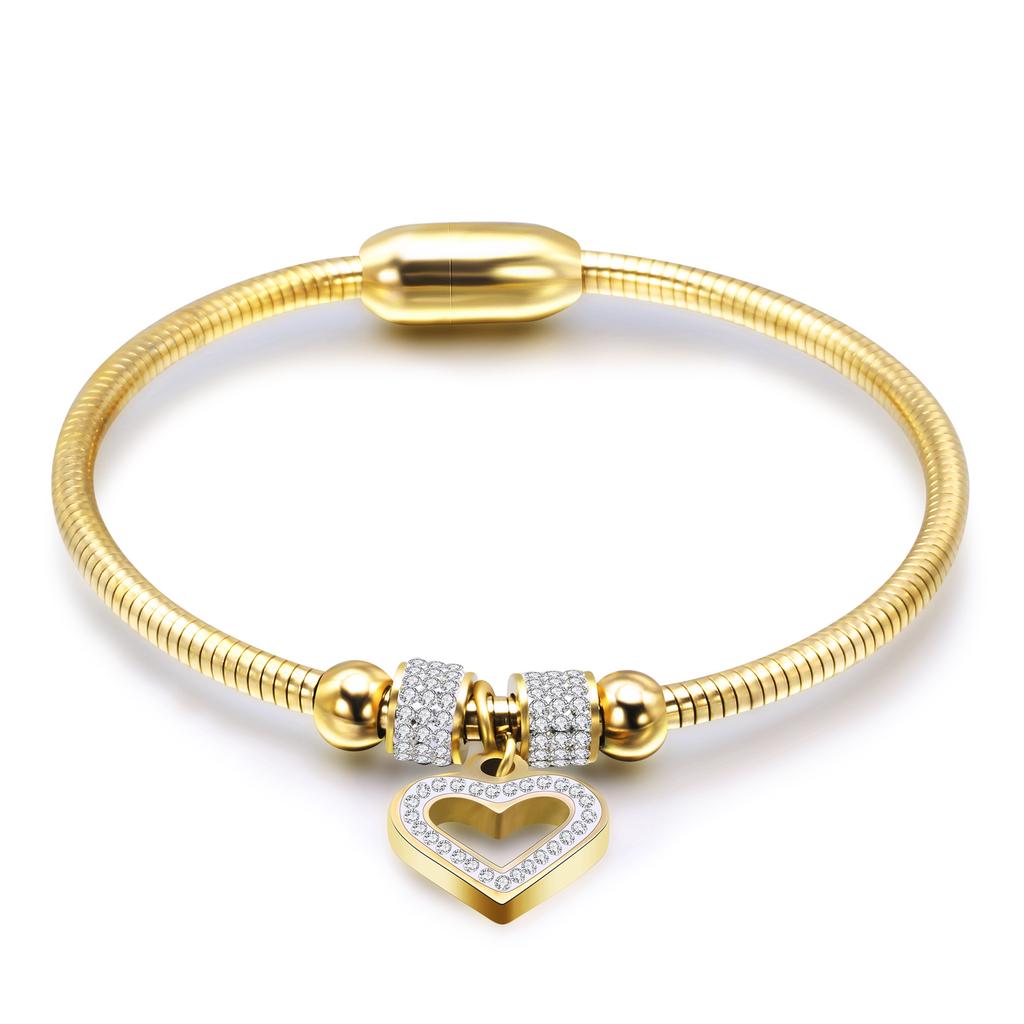 New Fashion Simple Ins Hollow Inlaid Zircon Peach Heart Titanium Steel Snake Chain Bracelet Magnetic Buckle Bracelet for Women